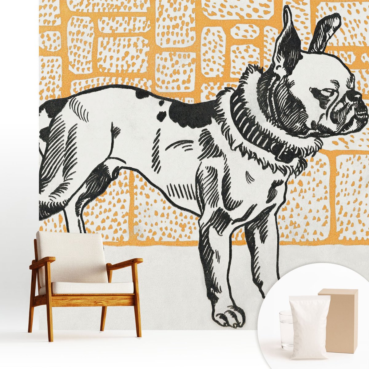 Wallfluent Fotobehang - Wit Vliesbehang - 250x250 cm - Retro Hond Muurschildering - Gang behang Dieren - Fotobehang Vlies - Slaapkamer behang