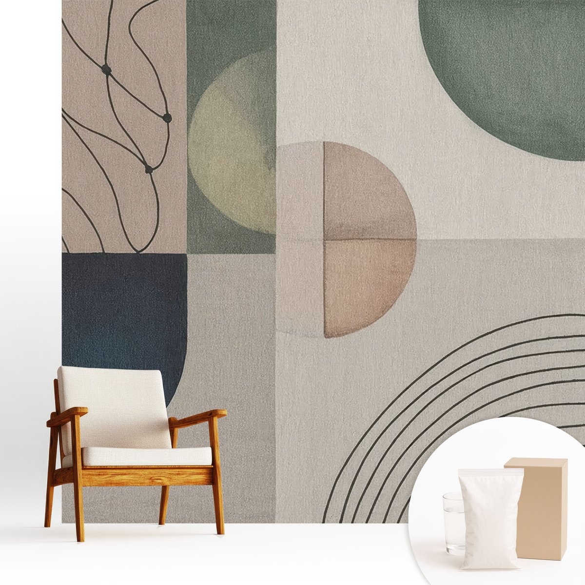 Wallfluent Fotobehang - Beige Vliesbehang - 250x250 cm - Geometrische Vormen Fotobehang Vlies - Woonkamer behang Abstractie - Muurschildering - Woonkamer behang
