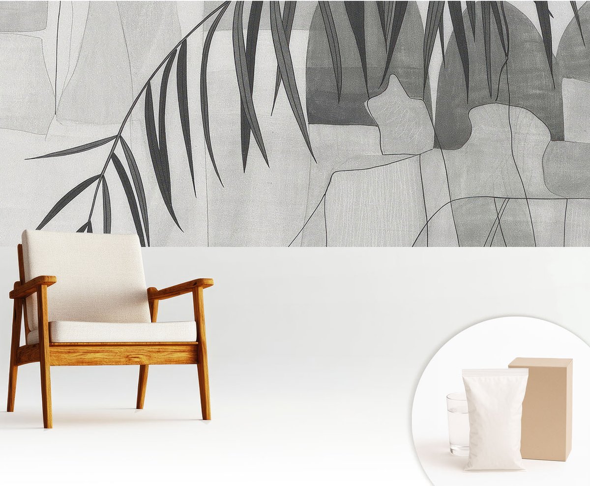Wallfluent Fotobehang - Wit Vliesbehang - 250x104 cm - Abstracte Palmboom Fotobehang Vlies - Hal behang Abstractie - Muurschildering - Hal behang