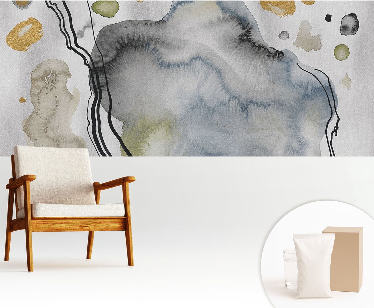 Wallfluent Fotobehang - Grijs Vliesbehang - 250x104 cm - Abstracte Aquarel Muurschildering - Slaapkamer behang Abstractie - Fotobehang Vlies - Slaapkamer behang