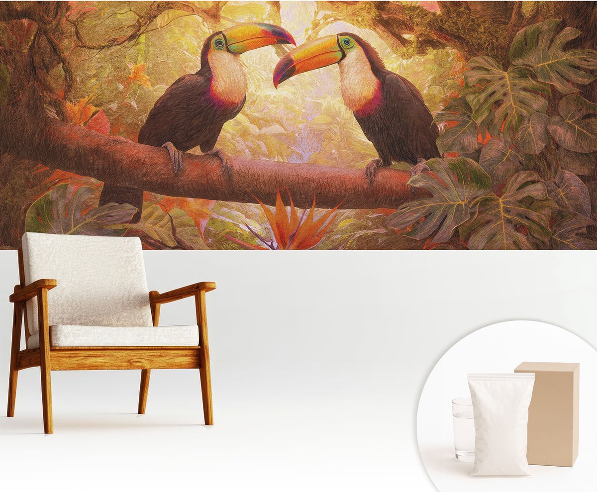 Wallfluent Fotobehang - Bruin Vliesbehang - 250x104 cm - Kleurrijke Toekans Muurschildering - Slaapkamer behang Dieren - Fotobehang Vlies - Slaapkamer behang