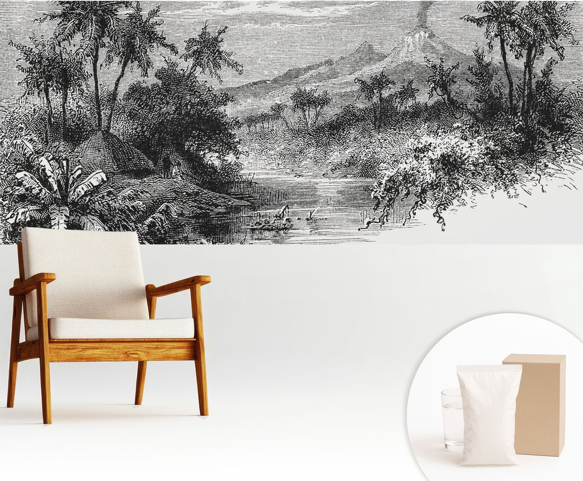 Wallfluent Fotobehang - Zwart-Wit Vliesbehang - 250x104 cm - Exotisch Panorama Fotobehang Vlies - Woonkamer behang Landschappen - Muurschildering - Hal behang