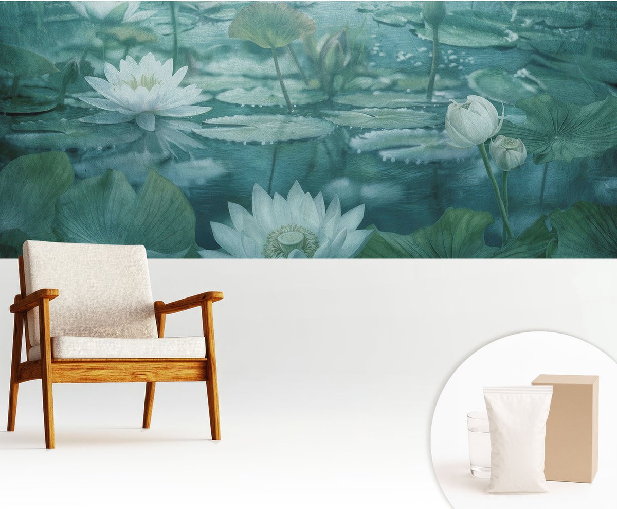 Wallfluent Fotobehang - Zwart-Wit Vliesbehang - 250x104 cm - Waterbloemen Fotobehang Vlies - Woonkamer behang Bloemen En Planten - Muurschildering - Woonkamer behang