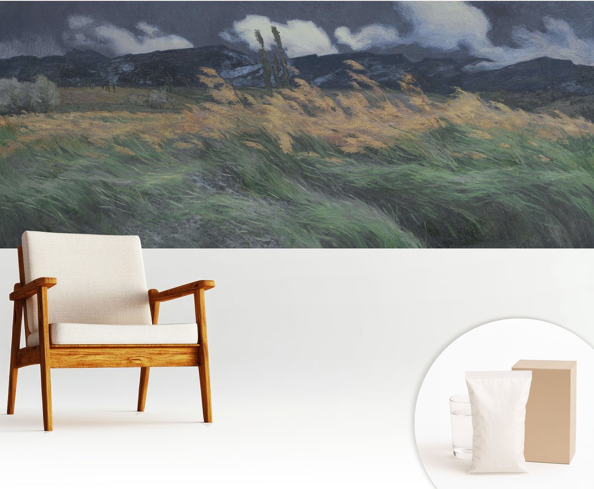 Wallfluent Fotobehang - Grijs Vliesbehang - 250x104 cm - Door De Wind Meegevoerde Grassen Muurschildering - Gang behang Landschappen - Fotobehang Vlies - Slaapkamer behang