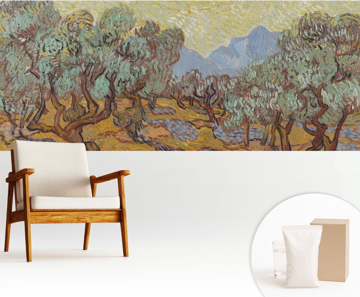 Wallfluent Fotobehang - Geel Vliesbehang - 250x104 cm - Olijfbomen Muurschildering - Slaapkamer behang Bloemen En Planten - Fotobehang Vlies - Slaapkamer behang