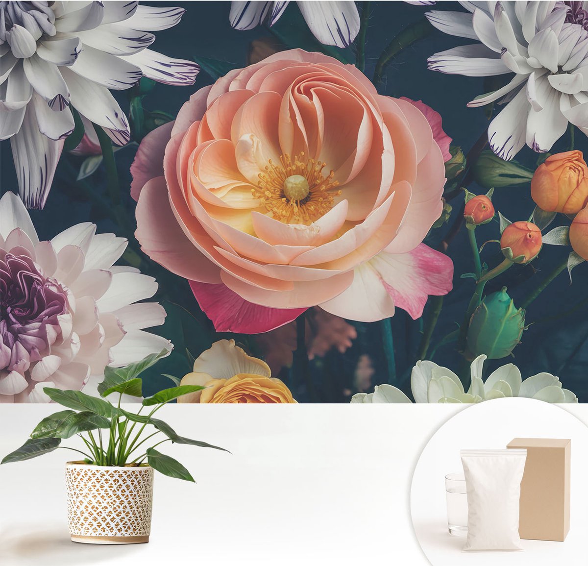Wallfluent Fotobehang - Roze Vliesbehang - 152x104 cm - Bloemenharmonie Fotobehang Vlies - Hal behang Bloemen En Planten - Muurschildering - Woonkamer behang