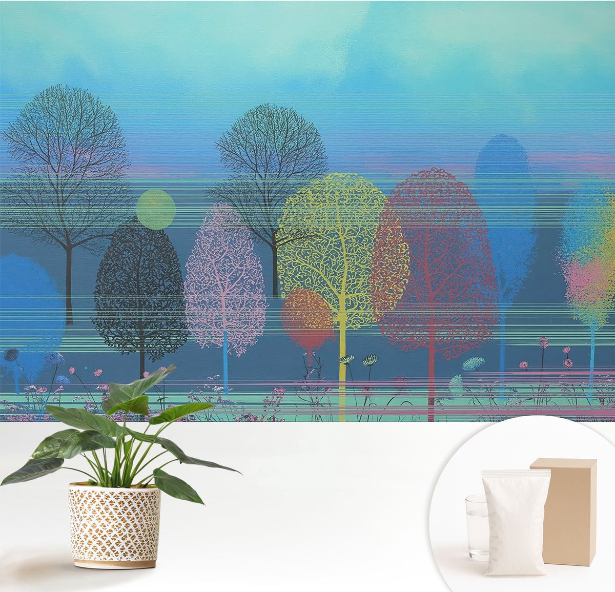 Wallfluent Fotobehang - Blauw Vliesbehang - 152x104 cm - Kleurrijke Harmonie Fotobehang Vlies - Hal behang Bloemen En Planten - Muurschildering - Woonkamer behang