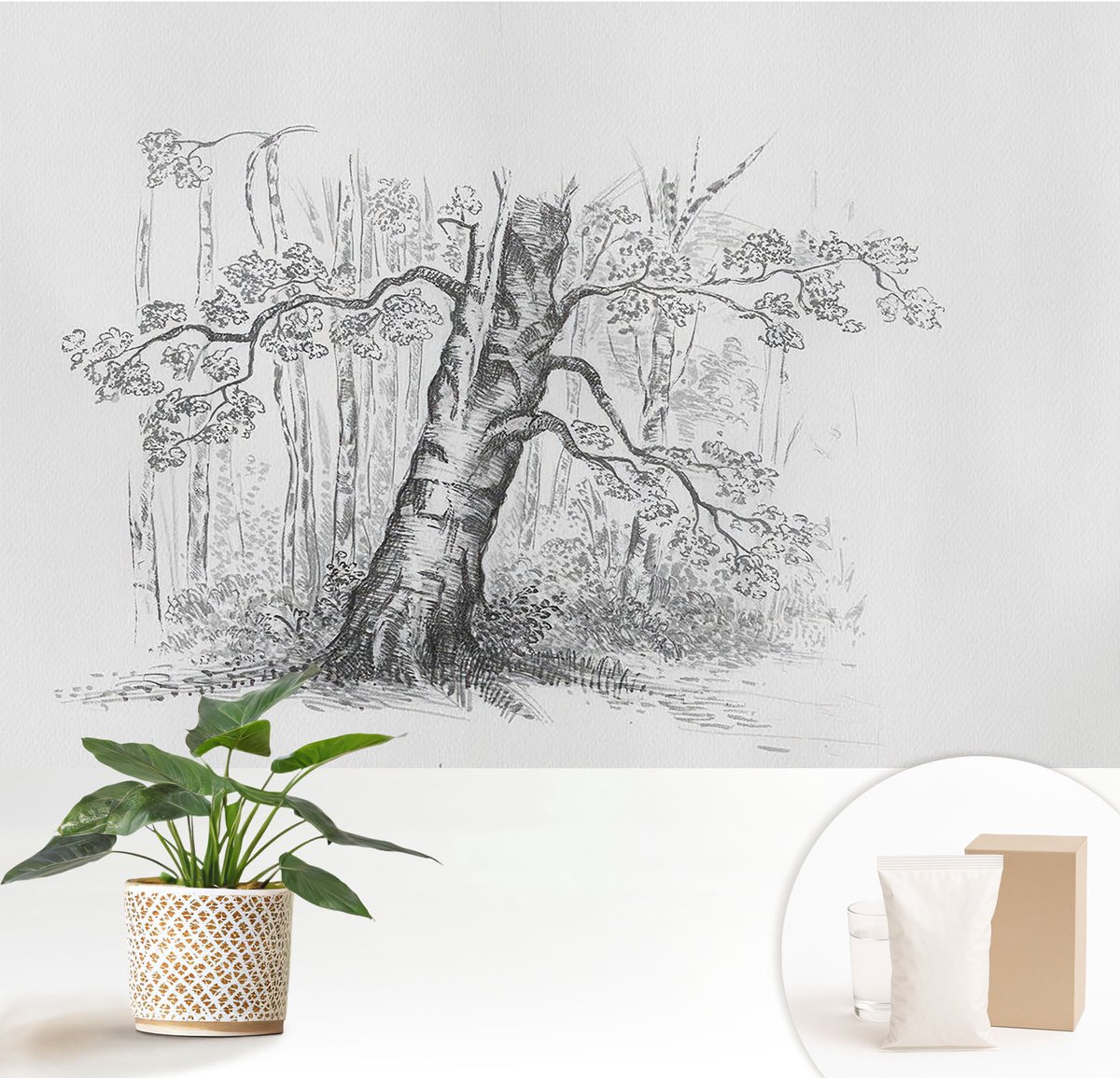 Wallfluent Fotobehang - Zwart-Wit Vliesbehang - 152x104 cm - Bosboom Fotobehang Vlies - Woonkamer behang Bloemen En Planten - Muurschildering - Woonkamer behang