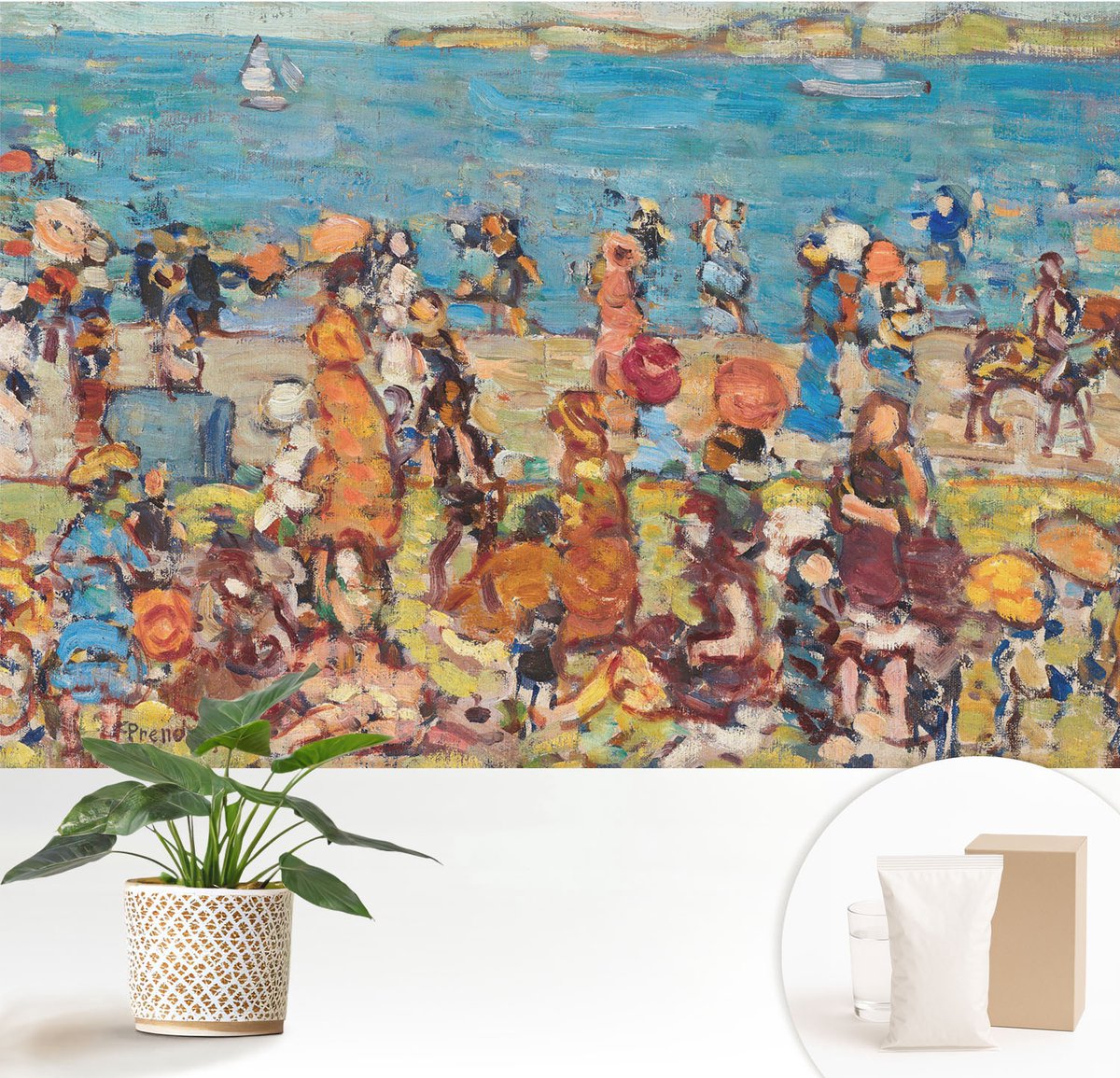 Wallfluent Fotobehang - Blauw Vliesbehang - 152x104 cm - Strandscène Muurschildering - Slaapkamer behang Mensen - Fotobehang Vlies - Slaapkamer behang