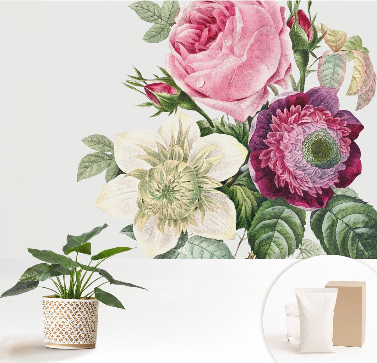 Wallfluent Fotobehang - Roze Vliesbehang - 152x104 cm - Bloemenboeket Muurschildering - Gang behang Bloemen En Planten - Fotobehang Vlies - Slaapkamer behang