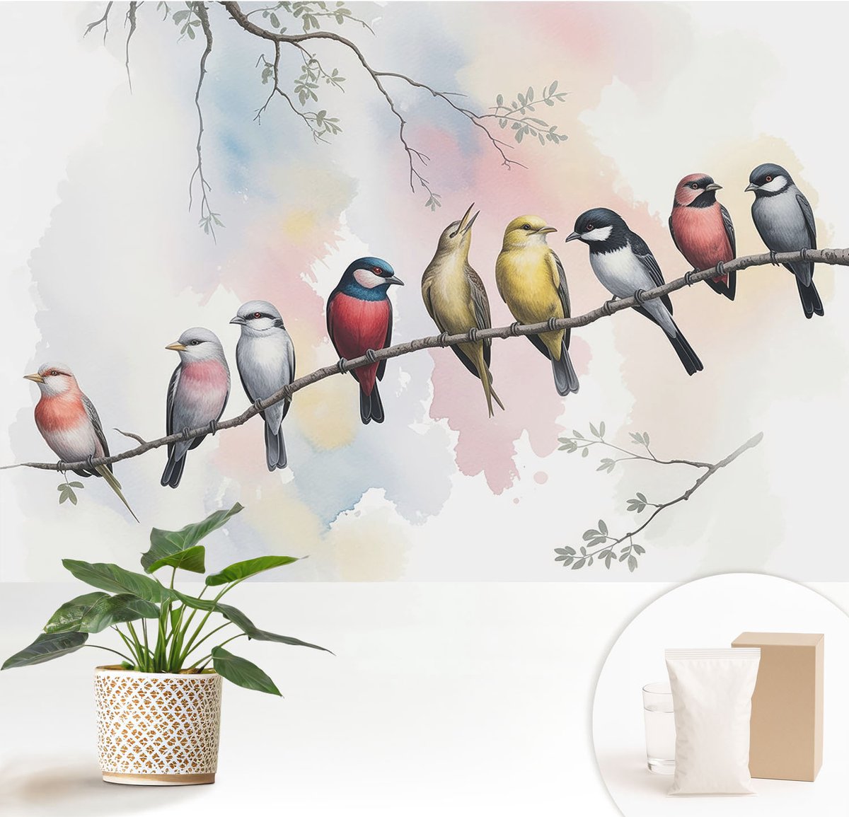 Wallfluent Fotobehang - Wit Vliesbehang - 152x104 cm - Vogels Op Een Tak Fotobehang Vlies - Hal behang Bloemen En Planten - Muurschildering - Hal behang
