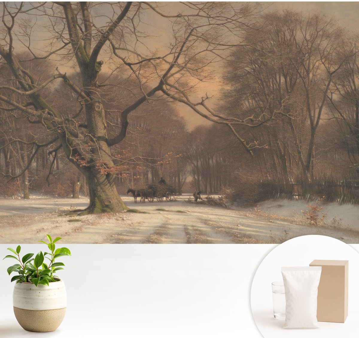 Wallfluent Fotobehang - Beige Vliesbehang - 104x70 cm - Winterlandschap Fotobehang Vlies - Hal behang Landschappen - Muurschildering - Woonkamer behang