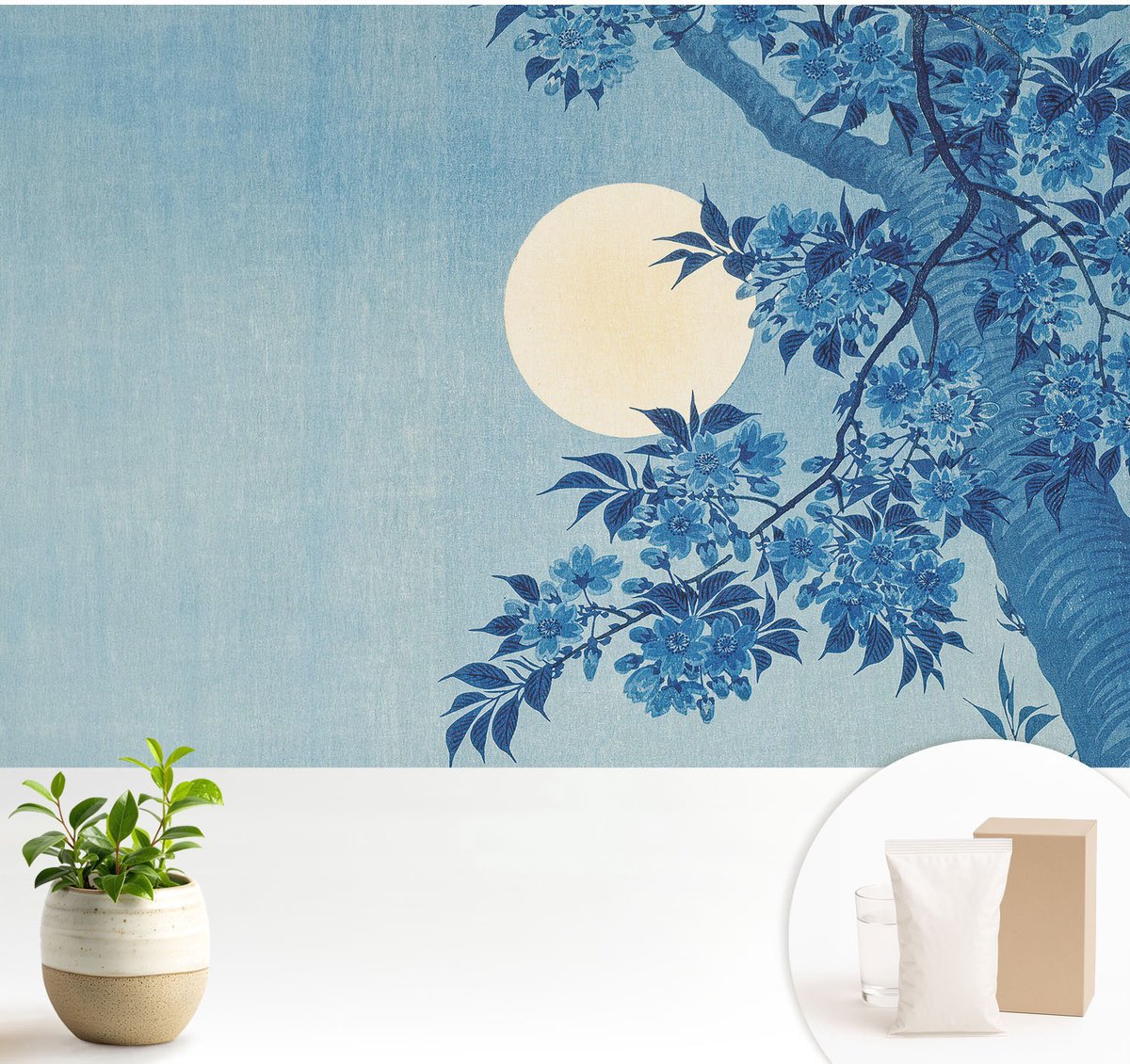 Wallfluent Fotobehang - Blauw Vliesbehang - 104x70 cm - Bloemenmaan Muurschildering - Slaapkamer behang Landschappen - Fotobehang Vlies - Gang behang