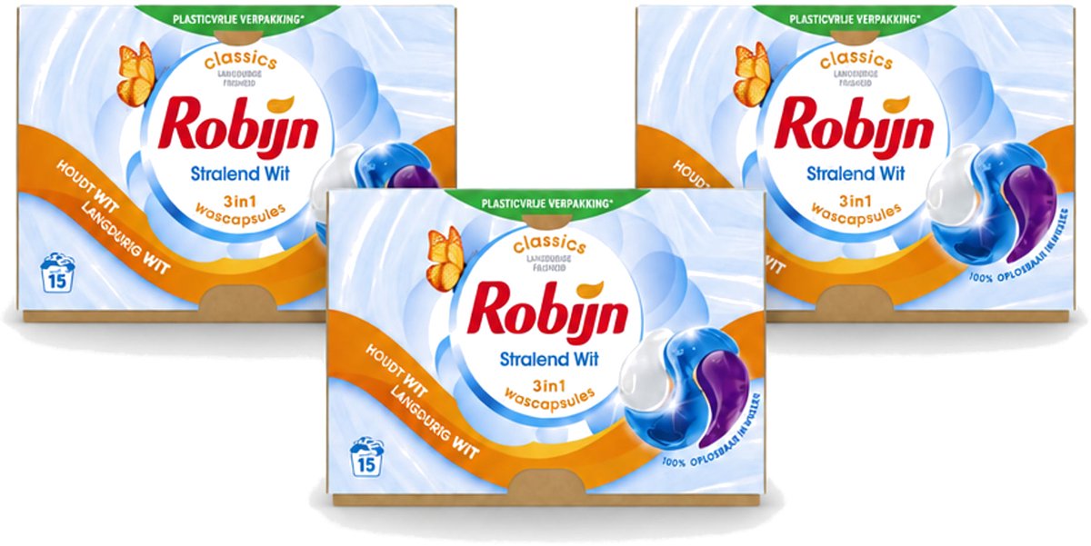 3 x Robijn – 3-in-1 Wascapsules – Stralend Wit – 15 capsules - Voordeelverpakking - 3 stuks