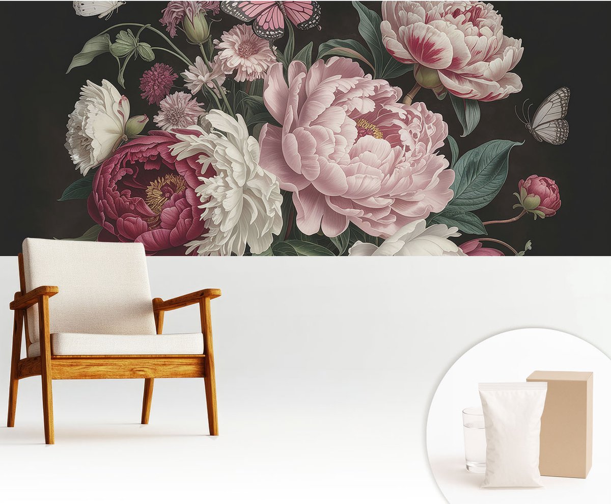 Wallfluent Fotobehang - Zwart Vliesbehang - 250x104 cm - Pioenrozen En Vlinders Muurschildering - Slaapkamer behang Bloemen En Planten - Fotobehang Vlies - Slaapkamer behang