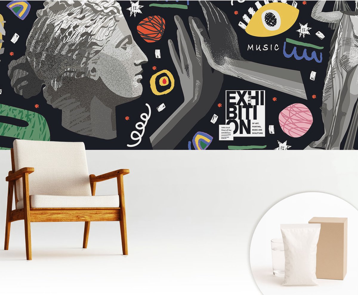 Wallfluent Fotobehang - Zwart Vliesbehang - 250x104 cm - Een Kleurrijke Tentoonstelling Muurschildering - Slaapkamer behang Deel - Fotobehang Vlies - Slaapkamer behang