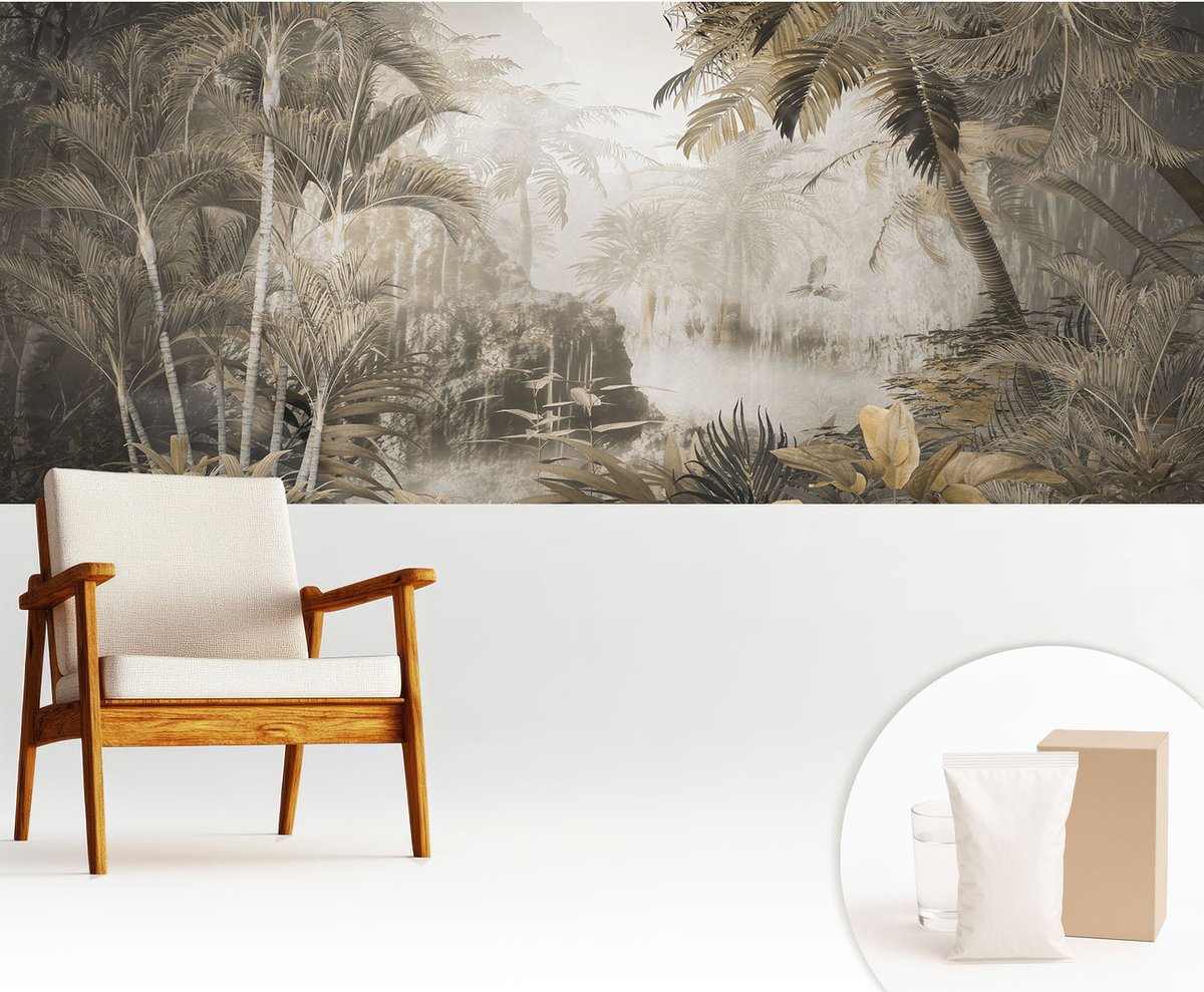 Wallfluent Fotobehang - Grijs Vliesbehang - 250x104 cm - Tropisch Bos Fotobehang Vlies - Hal behang Bloemen En Planten - Muurschildering - Woonkamer behang