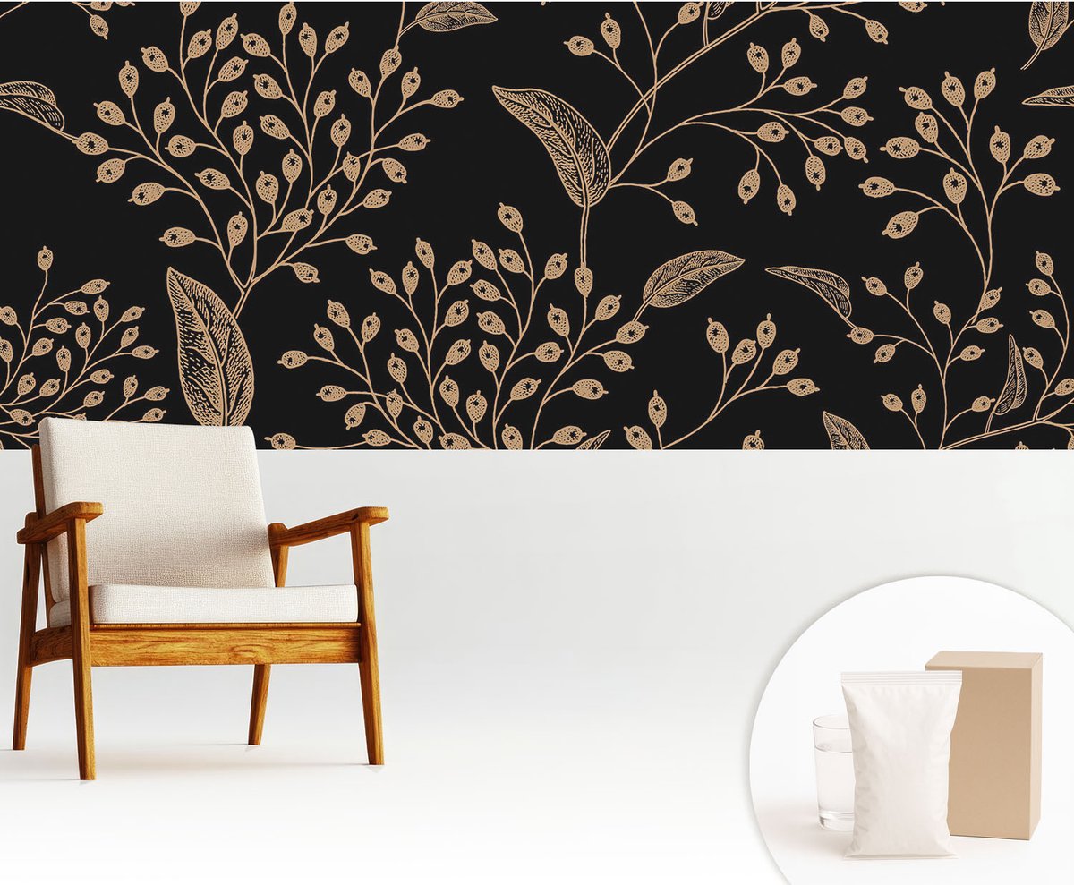 Wallfluent Fotobehang - Zwart Vliesbehang - 250x104 cm - Botanische Elegantie Fotobehang Vlies - Woonkamer behang Bloemen En Planten - Muurschildering - Hal behang