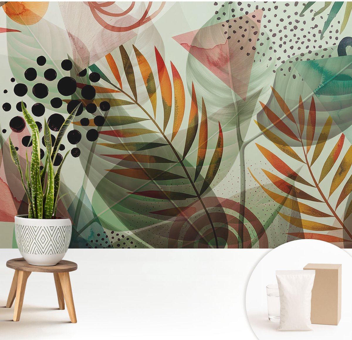 Wallfluent Fotobehang - Groente Vliesbehang - 208x146 cm - Abstracte Bladeren Fotobehang Vlies - Woonkamer behang Bloemen En Planten - Muurschildering - Woonkamer behang