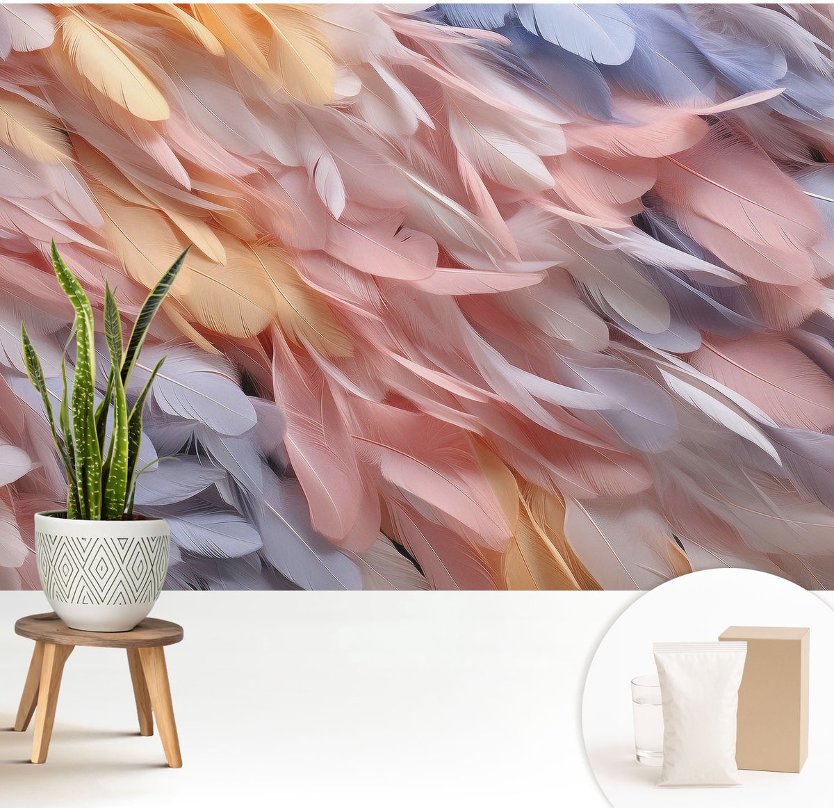 Wallfluent Fotobehang - Roze Vliesbehang - 208x146 cm - Pastelkleurige Veren Muurschildering - Gang behang Texturen - Fotobehang Vlies - Slaapkamer behang