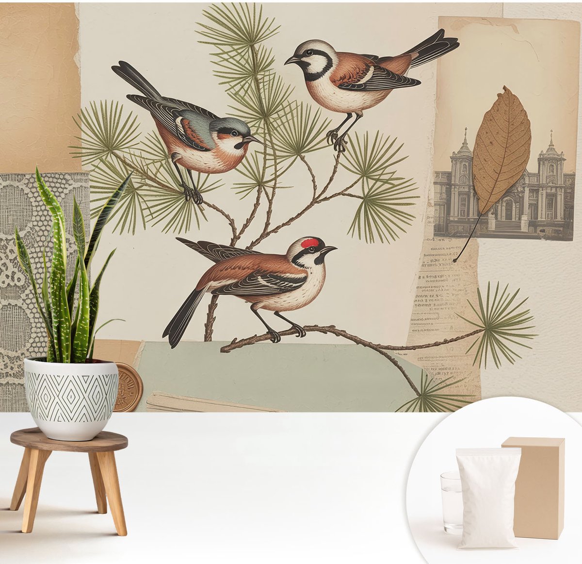 Wallfluent Fotobehang - Bruin Vliesbehang - 208x146 cm - Vogelcollage Muurschildering - Gang behang Deel - Fotobehang Vlies - Gang behang