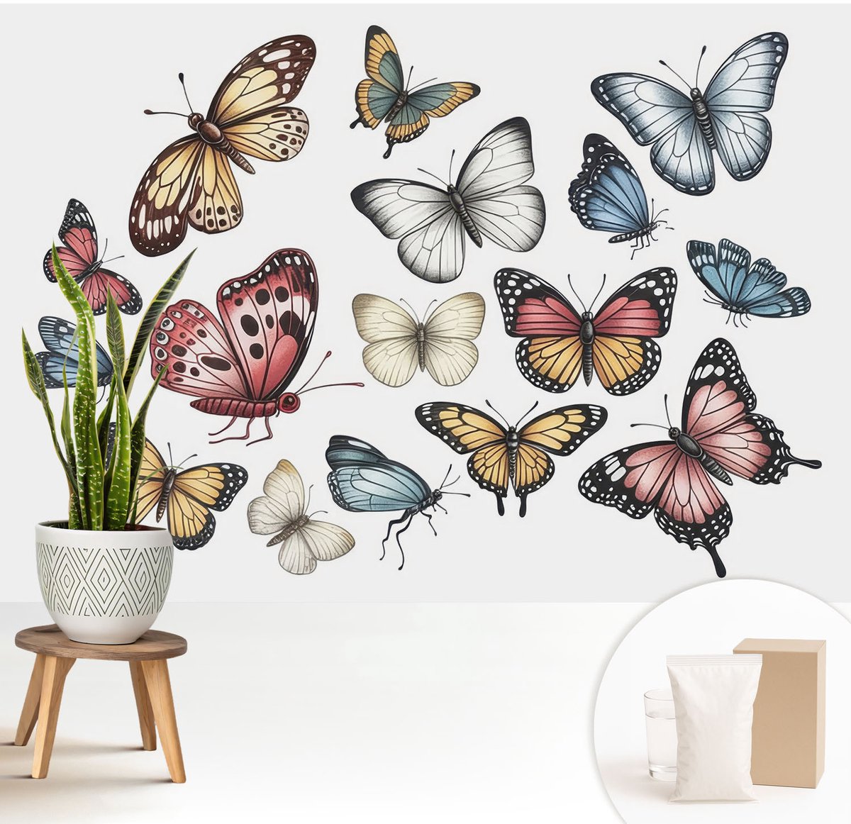Wallfluent Fotobehang - Wit Vliesbehang - 208x146 cm - Paradijsvlinders Fotobehang Vlies - Woonkamer behang Dieren - Muurschildering - Hal behang