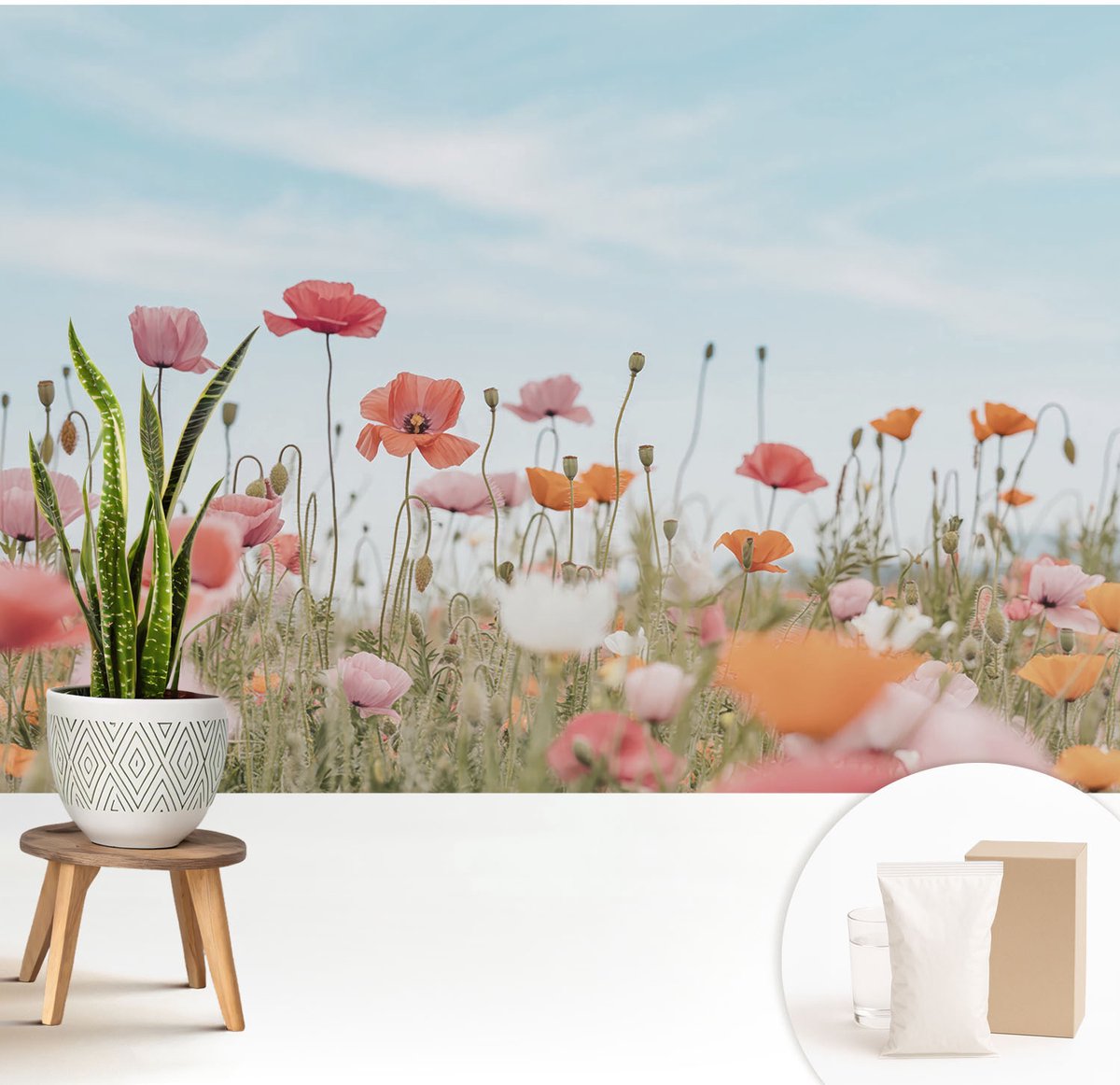 Wallfluent Fotobehang - Blauw Vliesbehang - 208x146 cm - Klaprozen Muurschildering - Gang behang Bloemen En Planten - Fotobehang Vlies - Gang behang