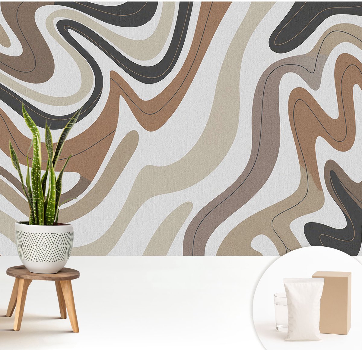 Wallfluent Fotobehang - Beige Vliesbehang - 208x146 cm - Harmonieuze Golven Fotobehang Vlies - Woonkamer behang Abstractie - Muurschildering - Woonkamer behang