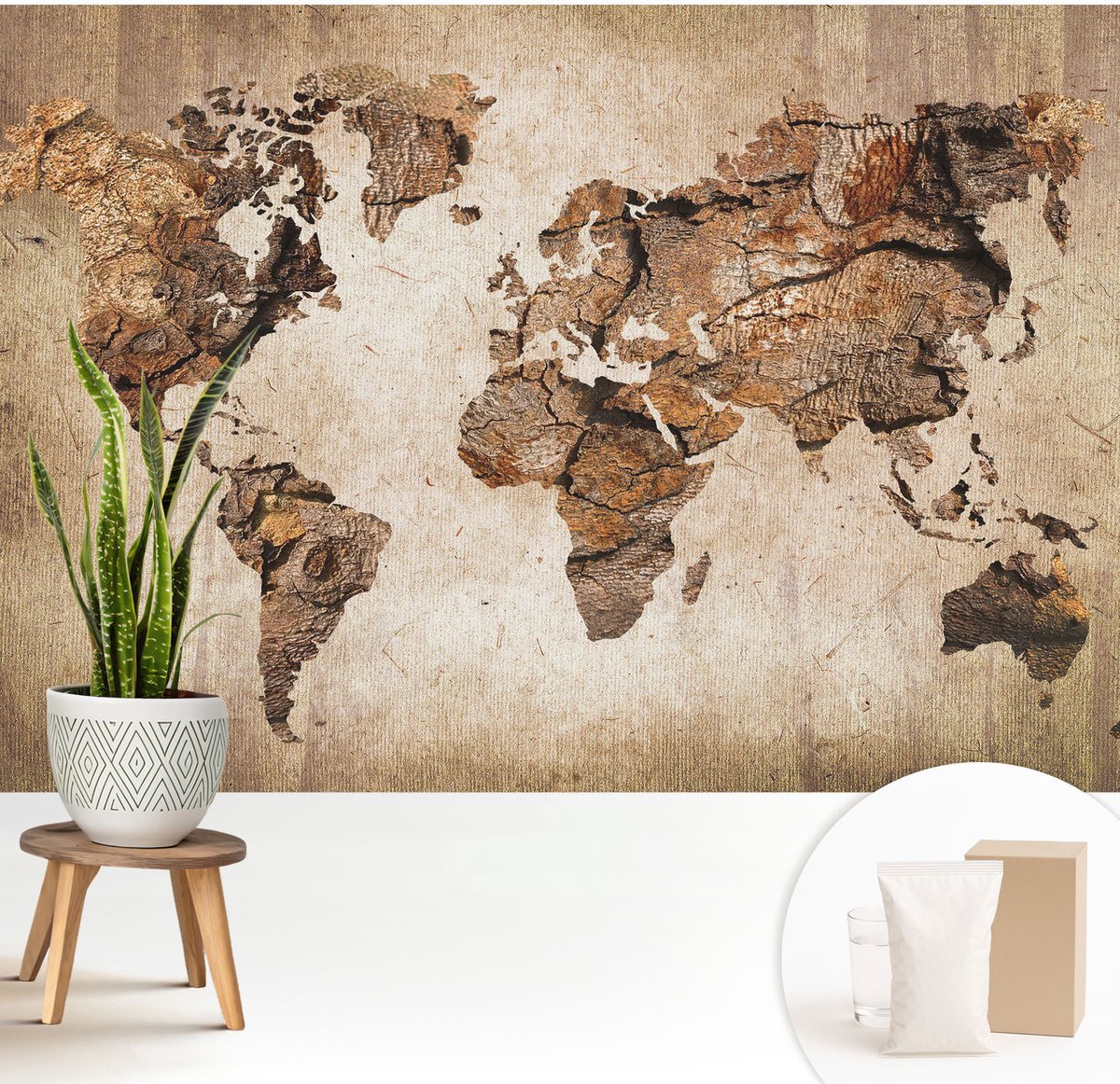 Wallfluent Fotobehang - Bruin Vliesbehang - 208x146 cm - Houten Kaart Fotobehang Vlies - Hal behang Kaarten - Muurschildering - Woonkamer behang