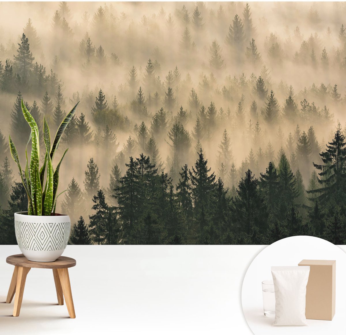 Wallfluent Fotobehang - Grijs Vliesbehang - 208x146 cm - Bosmist Fotobehang Vlies - Hal behang Landschappen - Muurschildering - Woonkamer behang