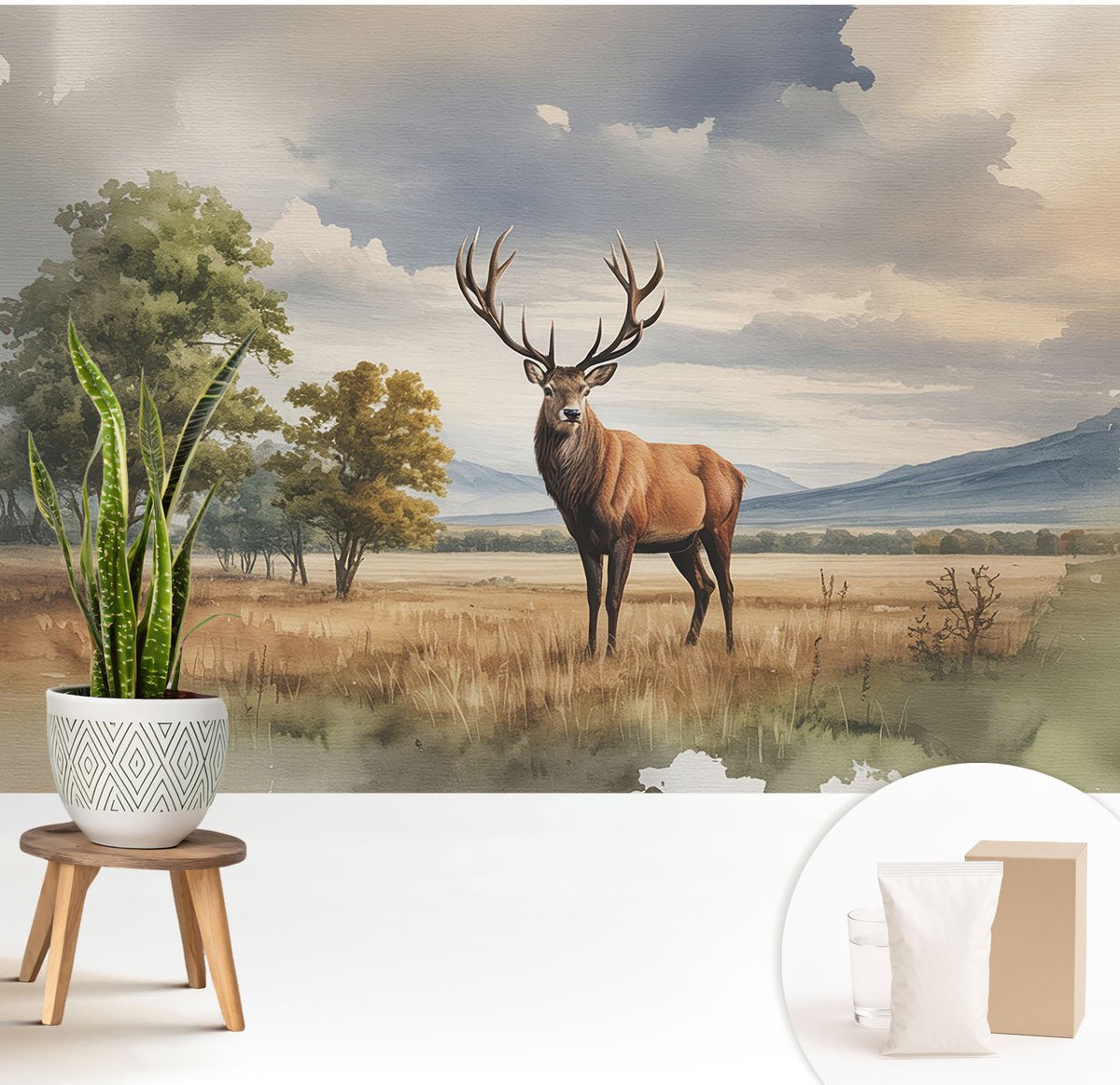 Wallfluent Fotobehang - Grijs Vliesbehang - 208x146 cm - Majestueuze Herten Muurschildering - Gang behang Landschappen - Fotobehang Vlies - Slaapkamer behang