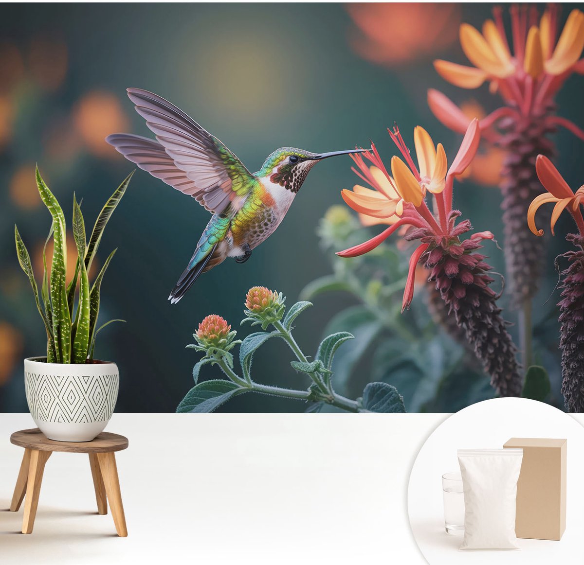 Wallfluent Fotobehang - Groente Vliesbehang - 208x146 cm - Kolibriebloemen Muurschildering - Gang behang Dieren - Fotobehang Vlies - Gang behang