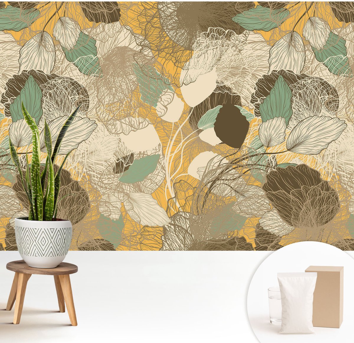 Wallfluent Fotobehang - Geel Vliesbehang - 208x146 cm - Plantenschoonheid Fotobehang Vlies - Hal behang Bloemen En Planten - Muurschildering - Woonkamer behang