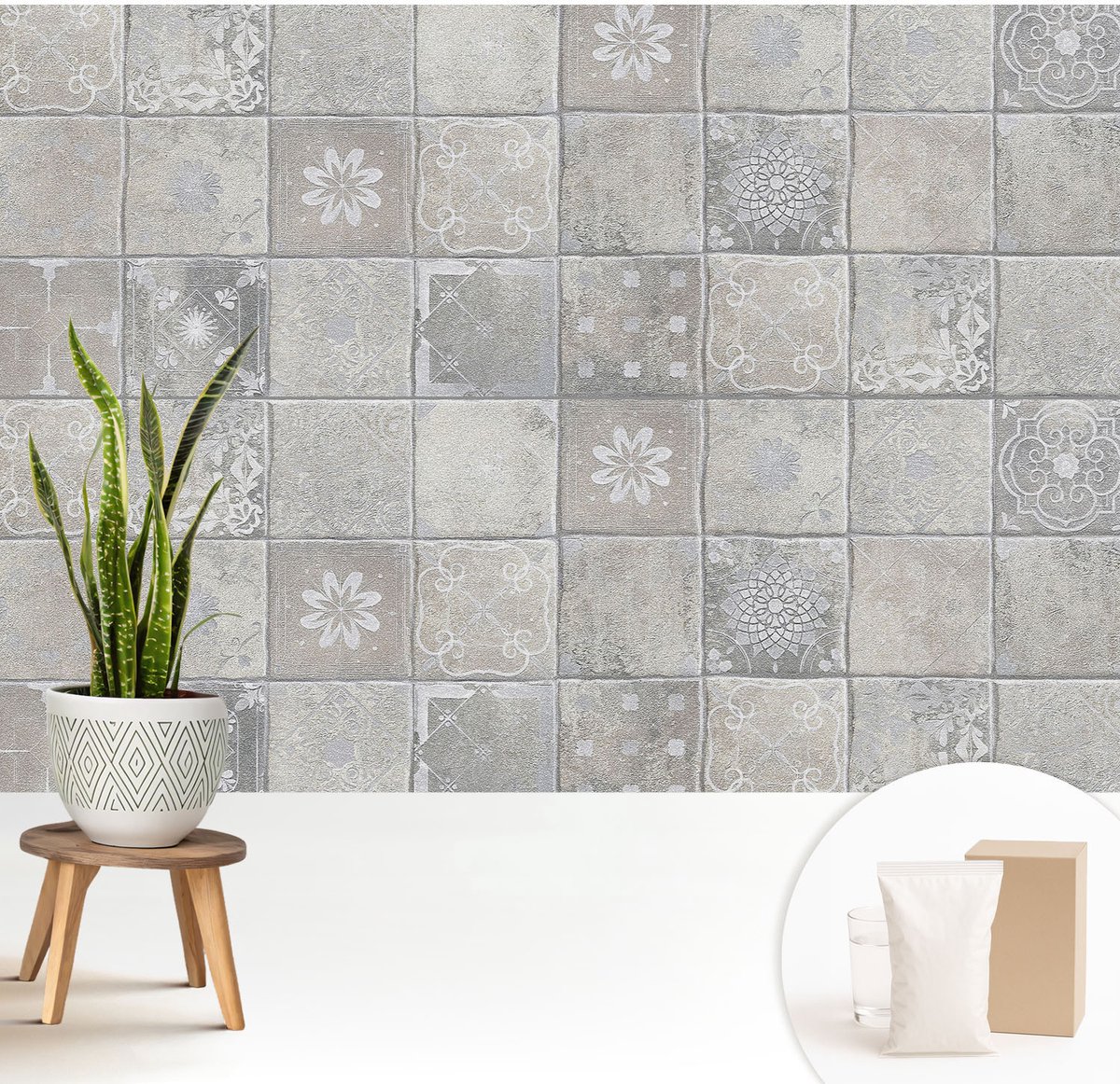 Wallfluent Fotobehang - Grijs Vliesbehang - 208x146 cm - Subtiele Patronen Fotobehang Vlies - Woonkamer behang Texturen - Muurschildering - Woonkamer behang