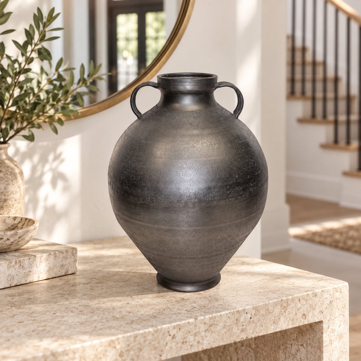 Hoppa! Vaas - Met oren en smalle hals - Zwart - 25 x 25 x 34 cm (B x D x H)