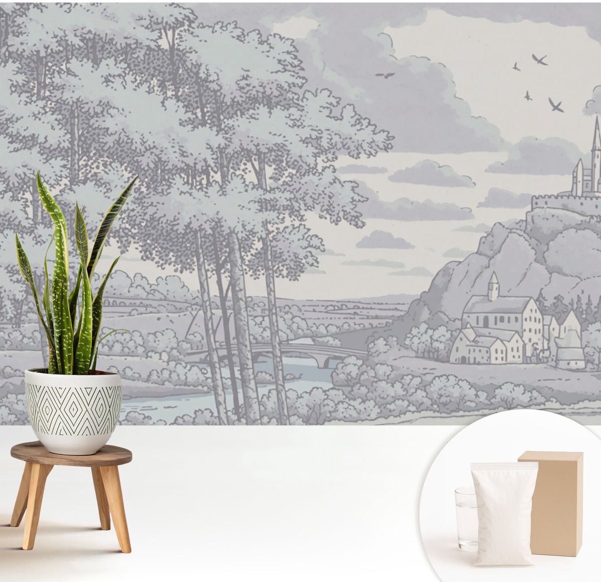 Wallfluent Fotobehang - Grijs Vliesbehang - 208x146 cm - Sprookjesachtig Landschap Muurschildering - Slaapkamer behang Landschappen - Fotobehang Vlies - Slaapkamer behang