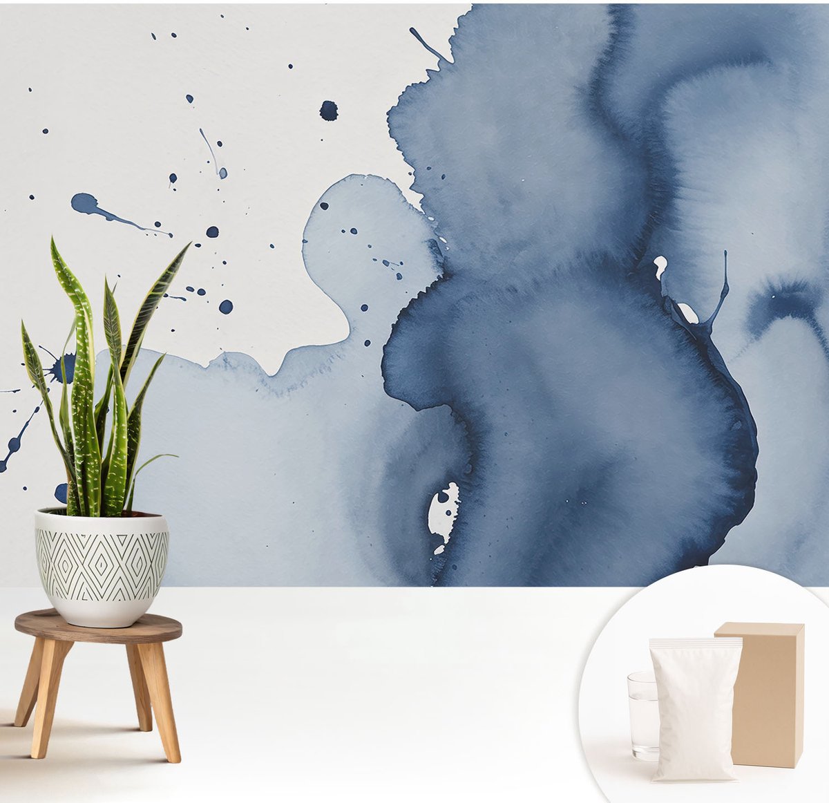 Wallfluent Fotobehang - Wit Vliesbehang - 208x146 cm - Marineblauwe Spetters Muurschildering - Slaapkamer behang Abstractie - Fotobehang Vlies - Slaapkamer behang