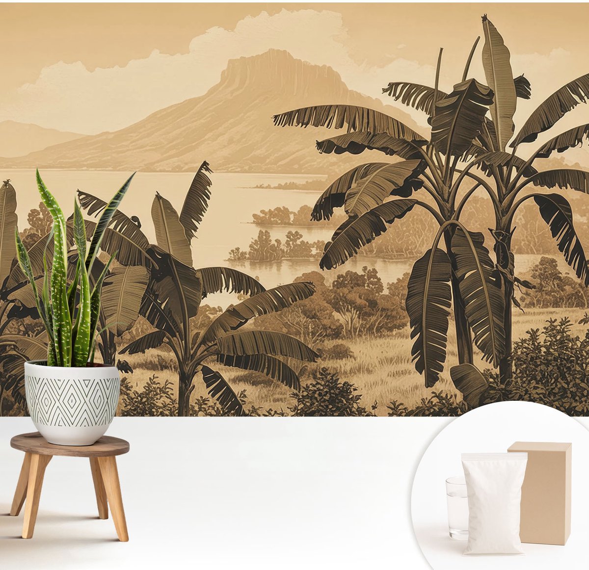 Wallfluent Fotobehang - Beige Vliesbehang - 208x146 cm - Tropisch Panorama Fotobehang Vlies - Woonkamer behang Landschappen - Muurschildering - Woonkamer behang