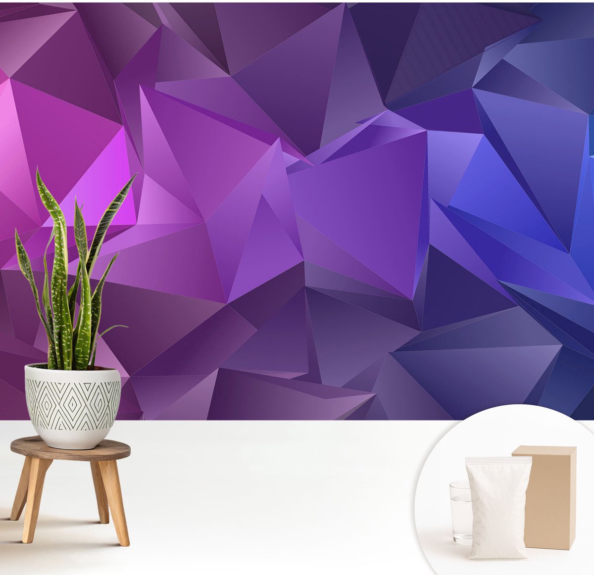 Wallfluent Fotobehang - Paars Vliesbehang - 208x146 cm - Paarse Driehoeken Muurschildering - Slaapkamer behang Abstractie - Fotobehang Vlies - Slaapkamer behang