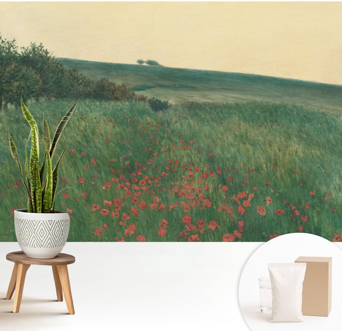 Wallfluent Fotobehang - Groente Vliesbehang - 208x146 cm - Papavervelden Muurschildering - Slaapkamer behang Landschappen - Fotobehang Vlies - Slaapkamer behang