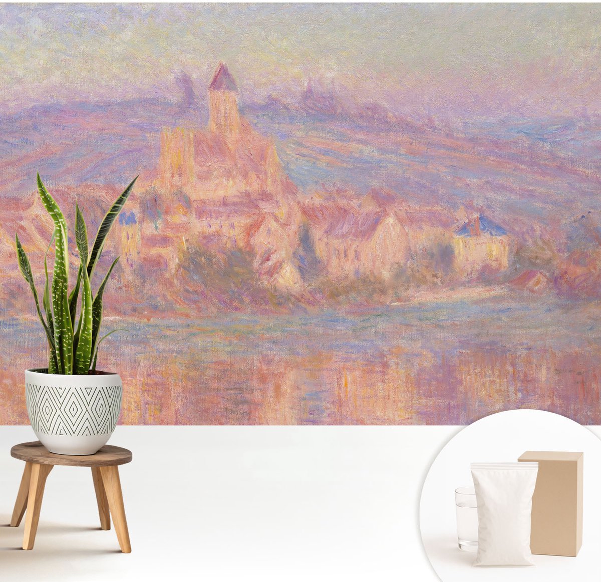 Wallfluent Fotobehang - Paars Vliesbehang - 208x146 cm - Een Charmant Stadje Muurschildering - Slaapkamer behang Landschappen - Fotobehang Vlies - Gang behang