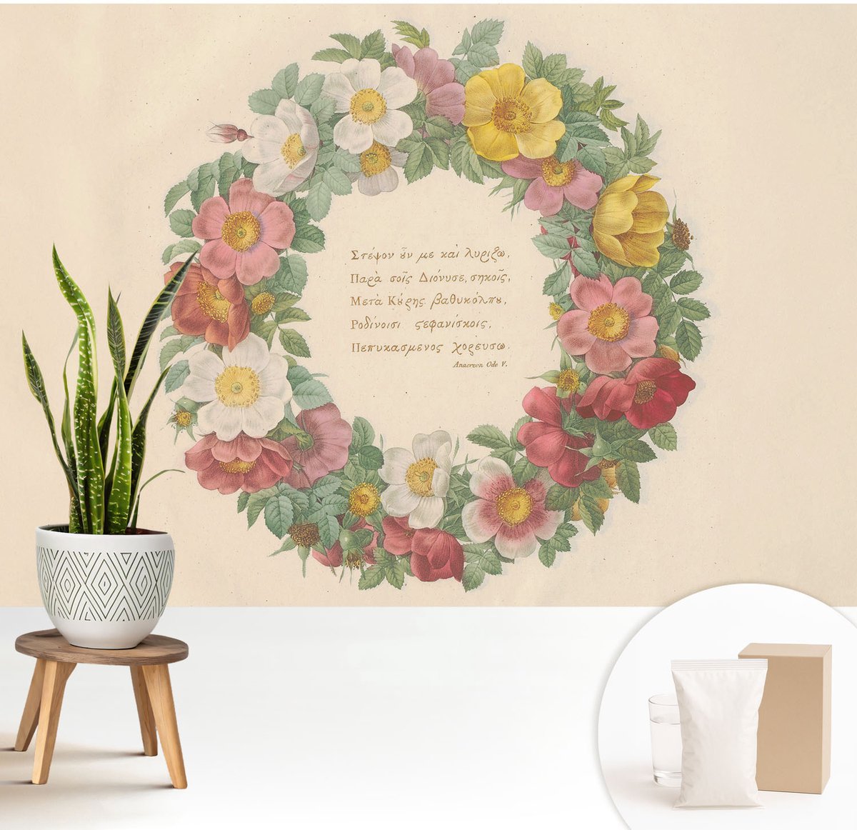 Wallfluent Fotobehang - Grijs Vliesbehang - 208x146 cm - Bloemenkrans Muurschildering - Gang behang Bloemen En Planten - Fotobehang Vlies - Slaapkamer behang