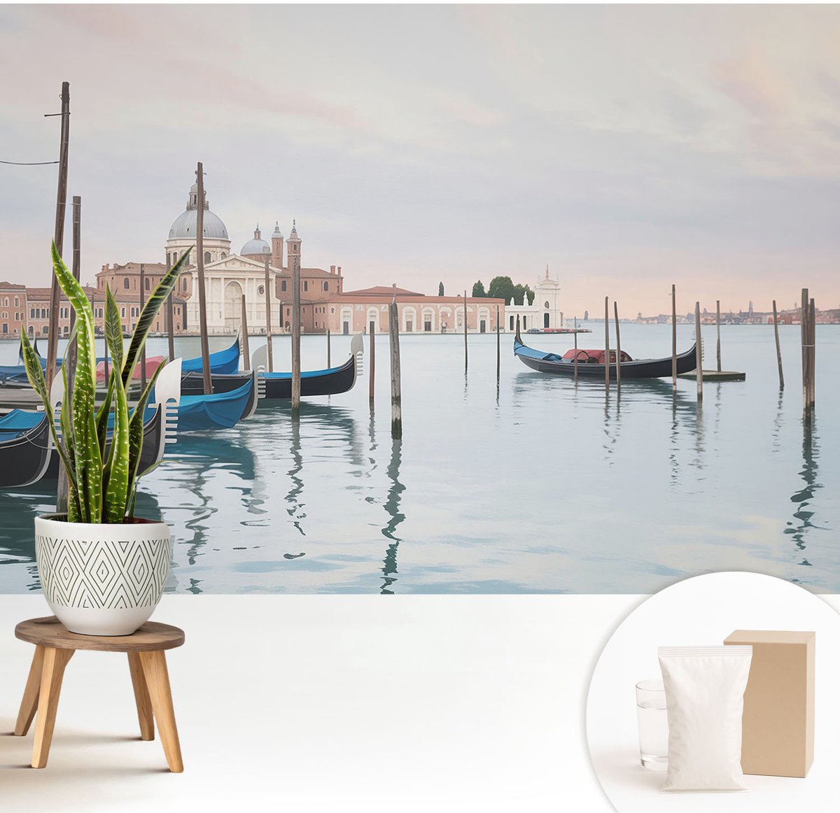Wallfluent Fotobehang - Wit Vliesbehang - 208x146 cm - Venetiaans Landschap Fotobehang Vlies - Woonkamer behang Landschappen - Muurschildering - Woonkamer behang