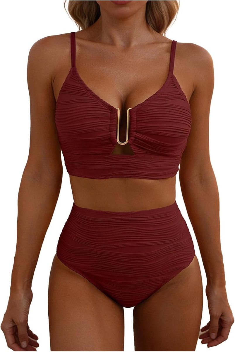 Tweedelige bikini hoge taille V-hals plooien detail comfortabel badpak stijlvol zomer strand vakantie