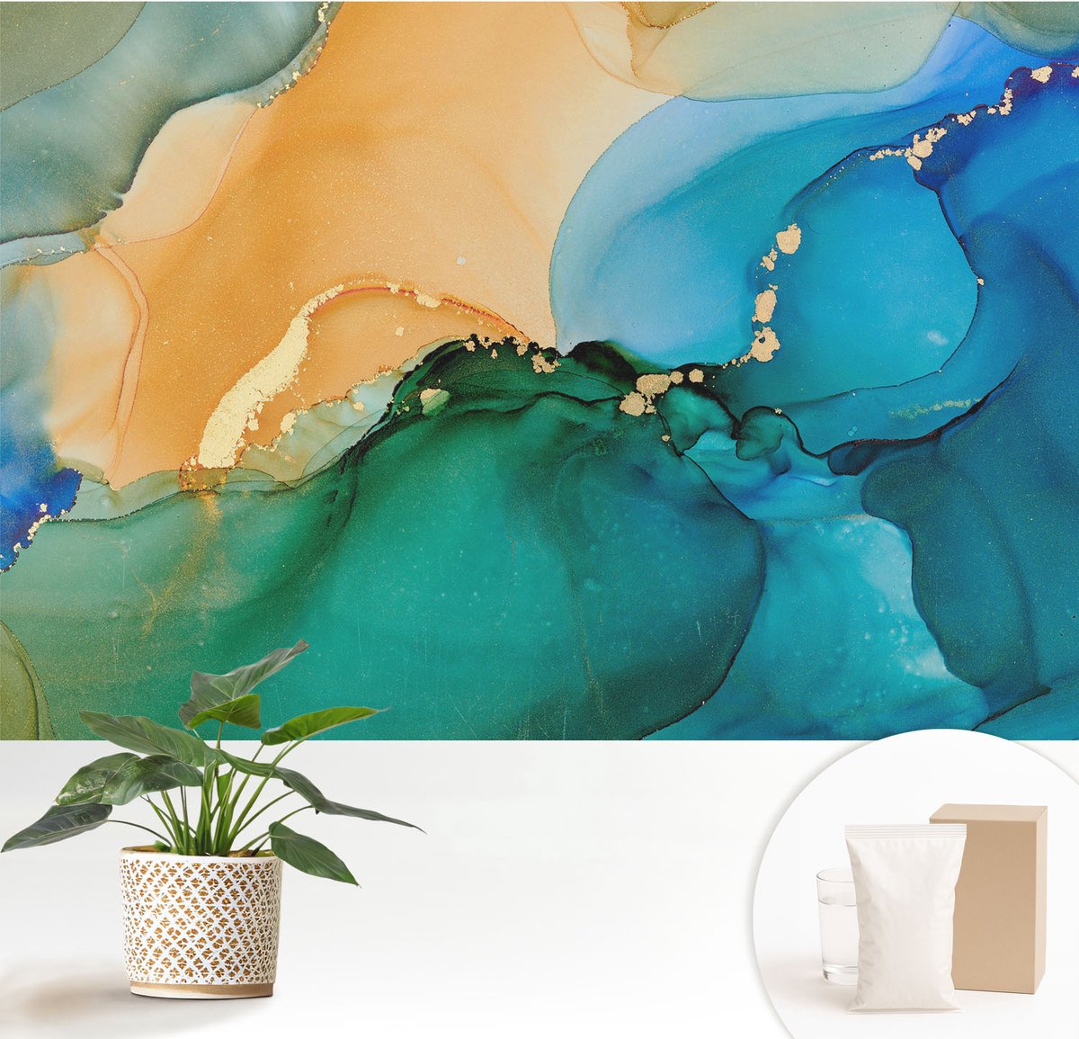 Wallfluent Fotobehang - Blauw Vliesbehang - 152x104 cm - Kleurrijke Golven Fotobehang Vlies - Woonkamer behang Abstractie - Muurschildering - Woonkamer behang