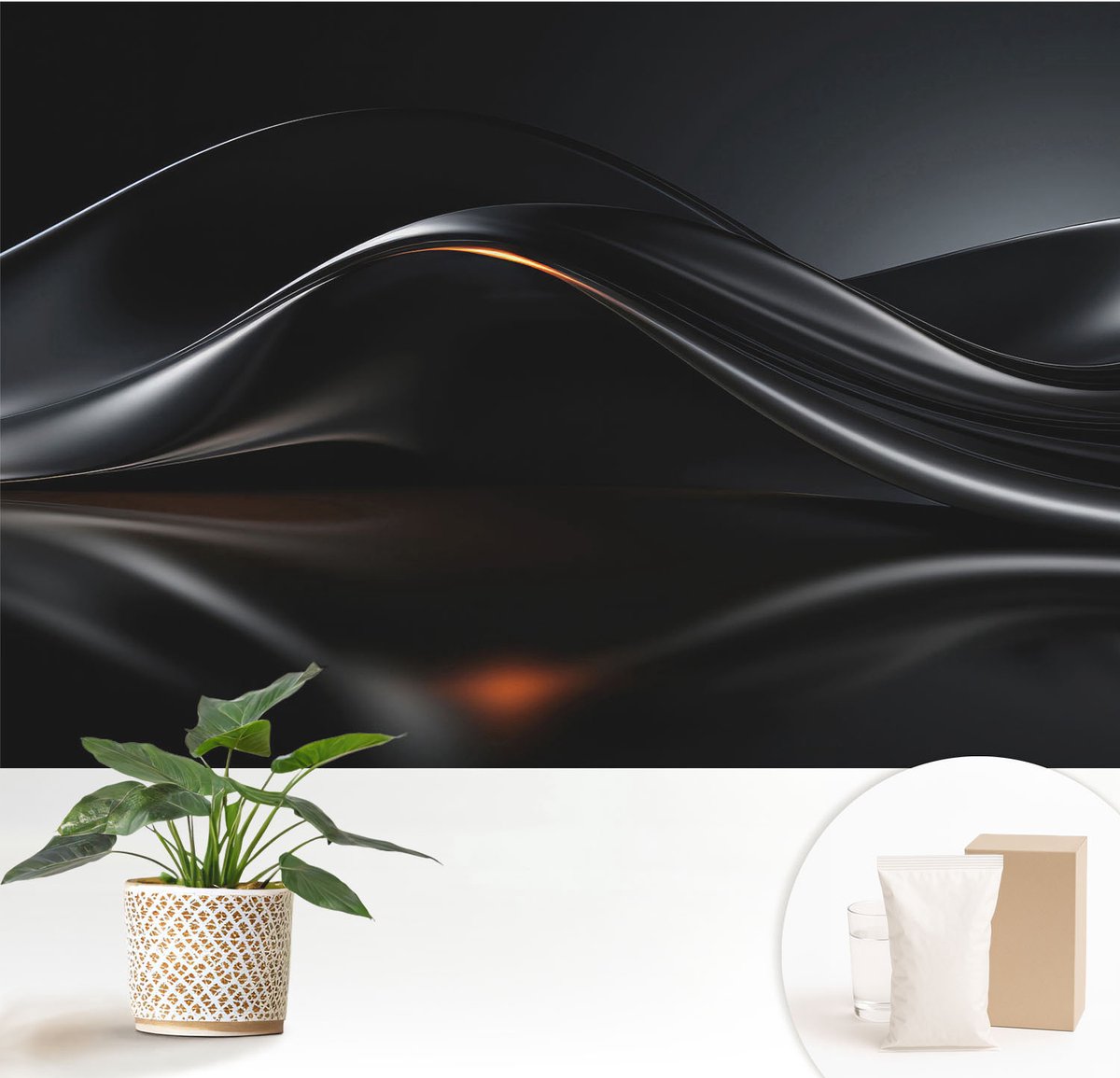 Wallfluent Fotobehang - Zwart Vliesbehang - 152x104 cm - Metaalachtige Golven Muurschildering - Gang behang Abstractie - Fotobehang Vlies - Slaapkamer behang