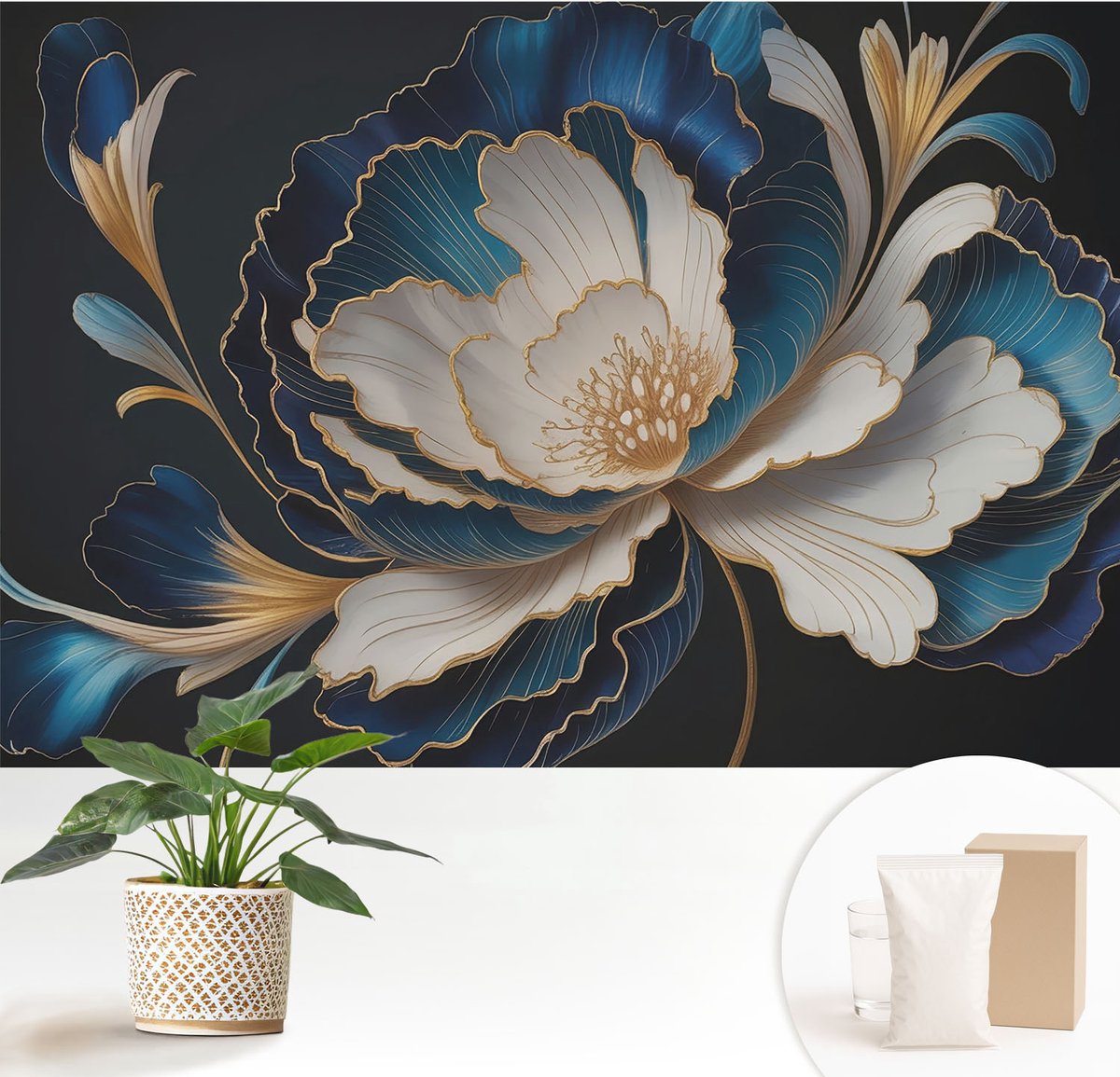 Wallfluent Fotobehang - Wit Vliesbehang - 152x104 cm - Bloemenpatroon Fotobehang Vlies - Woonkamer behang Bloemen En Planten - Muurschildering - Woonkamer behang