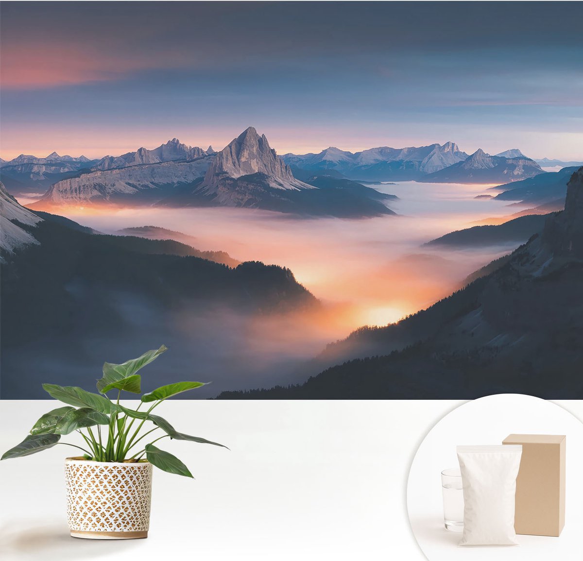 Wallfluent Fotobehang - Blauw Vliesbehang - 152x104 cm - De Opkomende Zon Muurschildering - Gang behang Landschappen - Fotobehang Vlies - Gang behang