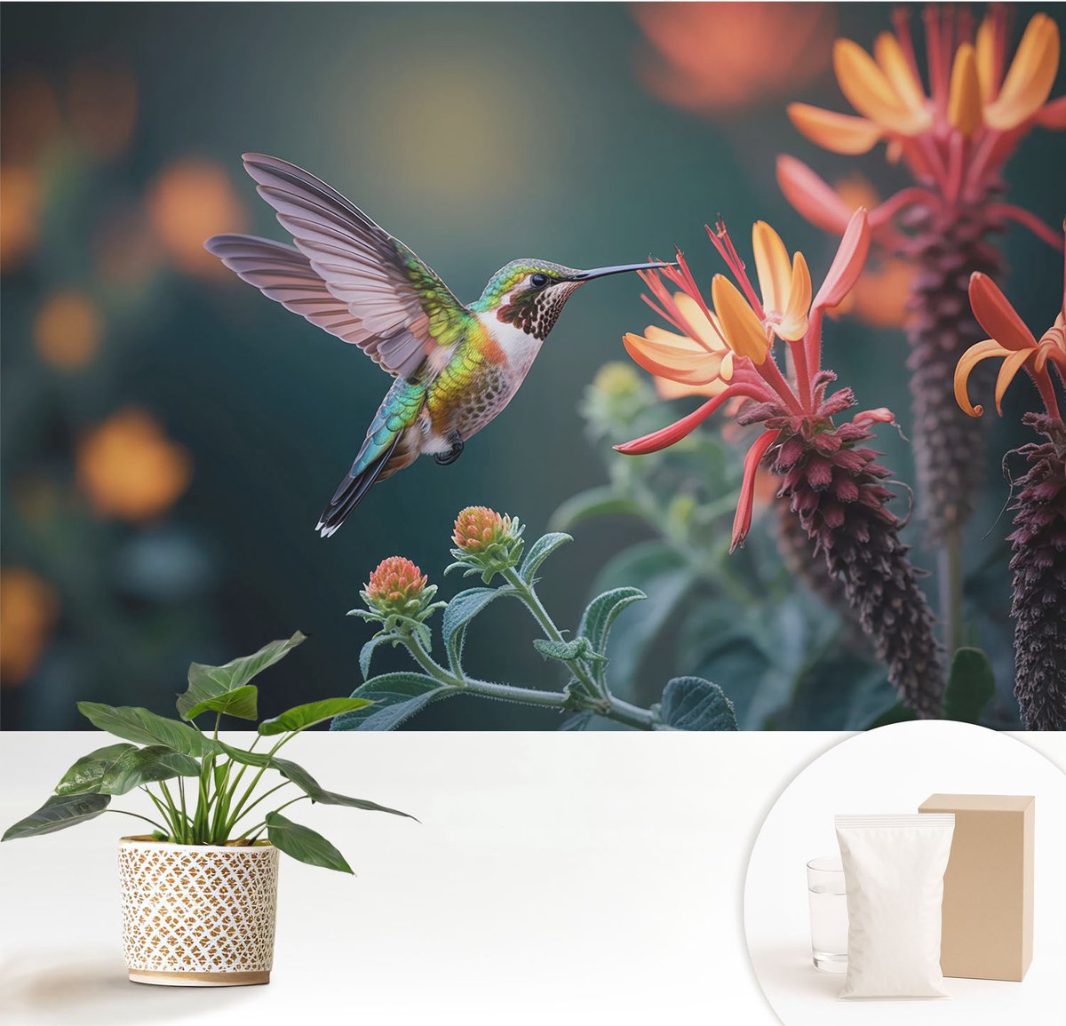 Wallfluent Fotobehang - Groente Vliesbehang - 152x104 cm - Kolibriebloemen Muurschildering - Gang behang Dieren - Fotobehang Vlies - Gang behang