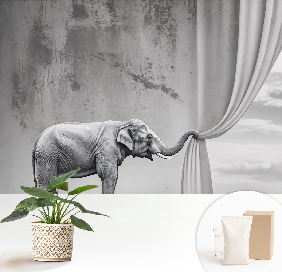 Wallfluent Fotobehang - Grijs Vliesbehang - 152x104 cm - Surrealistische Olifant Fotobehang Vlies - Hal behang Deel - Muurschildering - Woonkamer behang